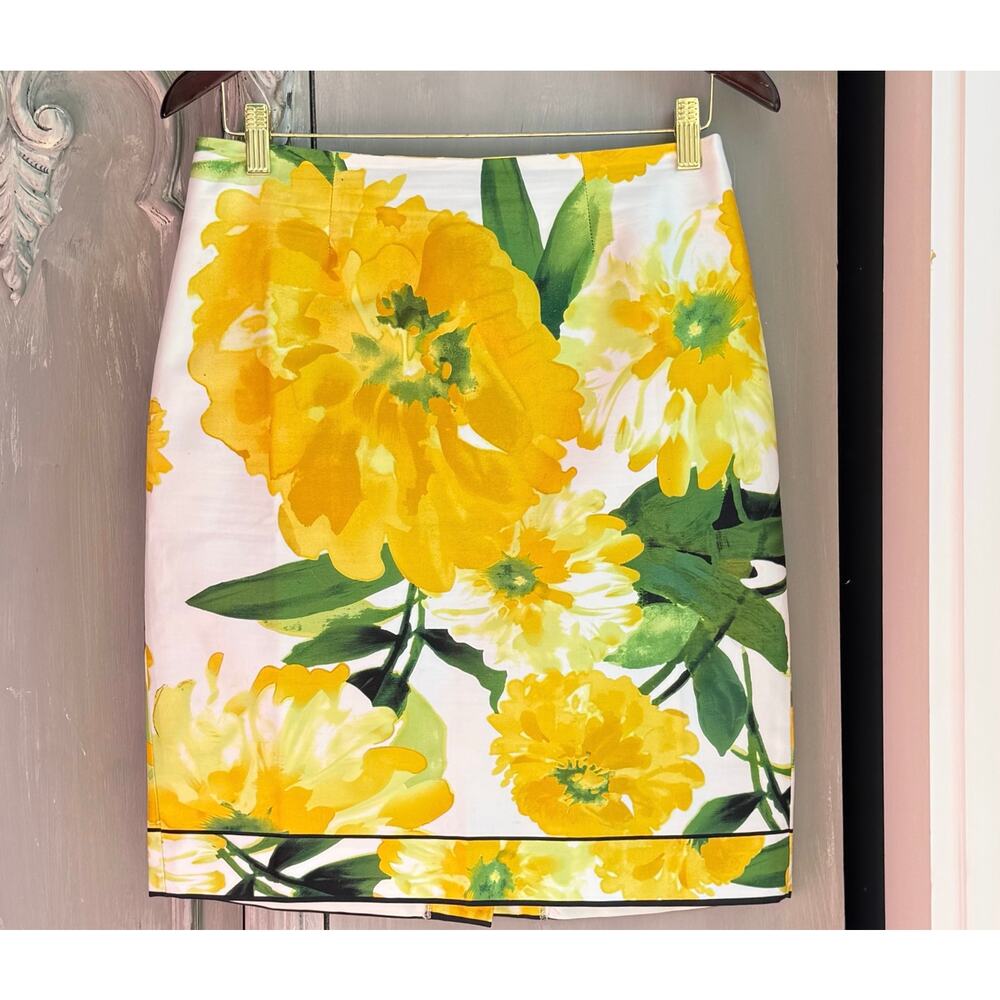 Premise Floral Pencil Skirt Yellow Green Cotton Stretch Size 6